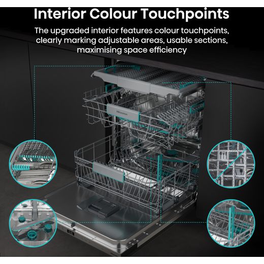 Hisense HV16AUK Full-Size Fully Integrated Dishwasher - Annotation - Interior colour touchpoints