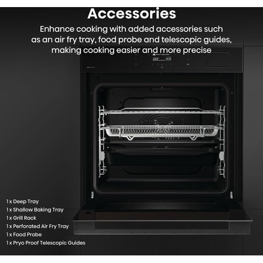 Hisense Hi8 BlackLine BAS6PH8BUKWF Wifi Connected Built In Electric Single Oven with Pyrolytic Cleaning - Black - Annotation - Accessories shot