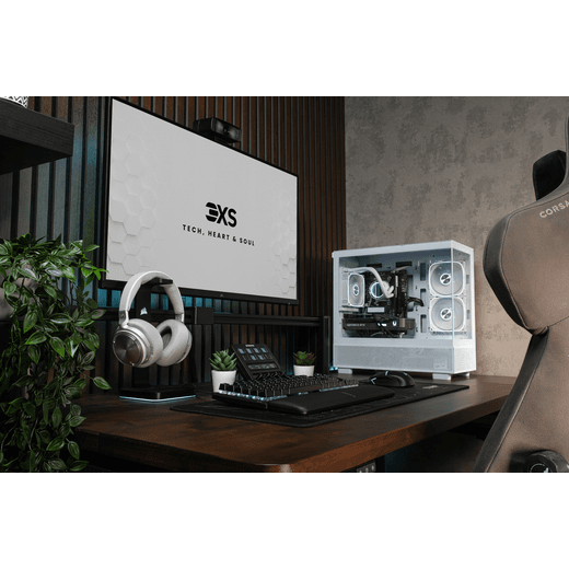 3XS Systems Gaming PC - NVIDIA® GeForce RTX™ 5070, AMD Ryzen™ 7, 1TB SSD, 16 GB RAM - White - computer in office shot