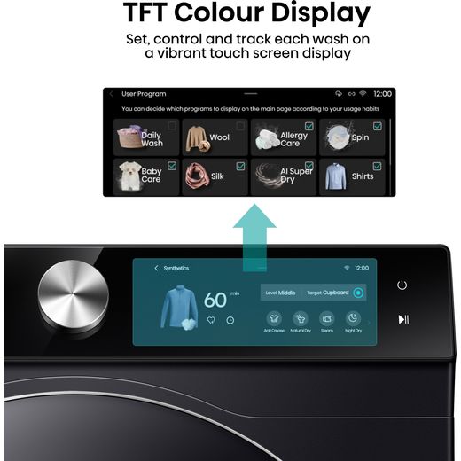 Hisense 7S Series DH7S107BB Wifi Connected 10Kg Heat Pump Tumble Dryer - Black - Annotation - TFT colour display shot