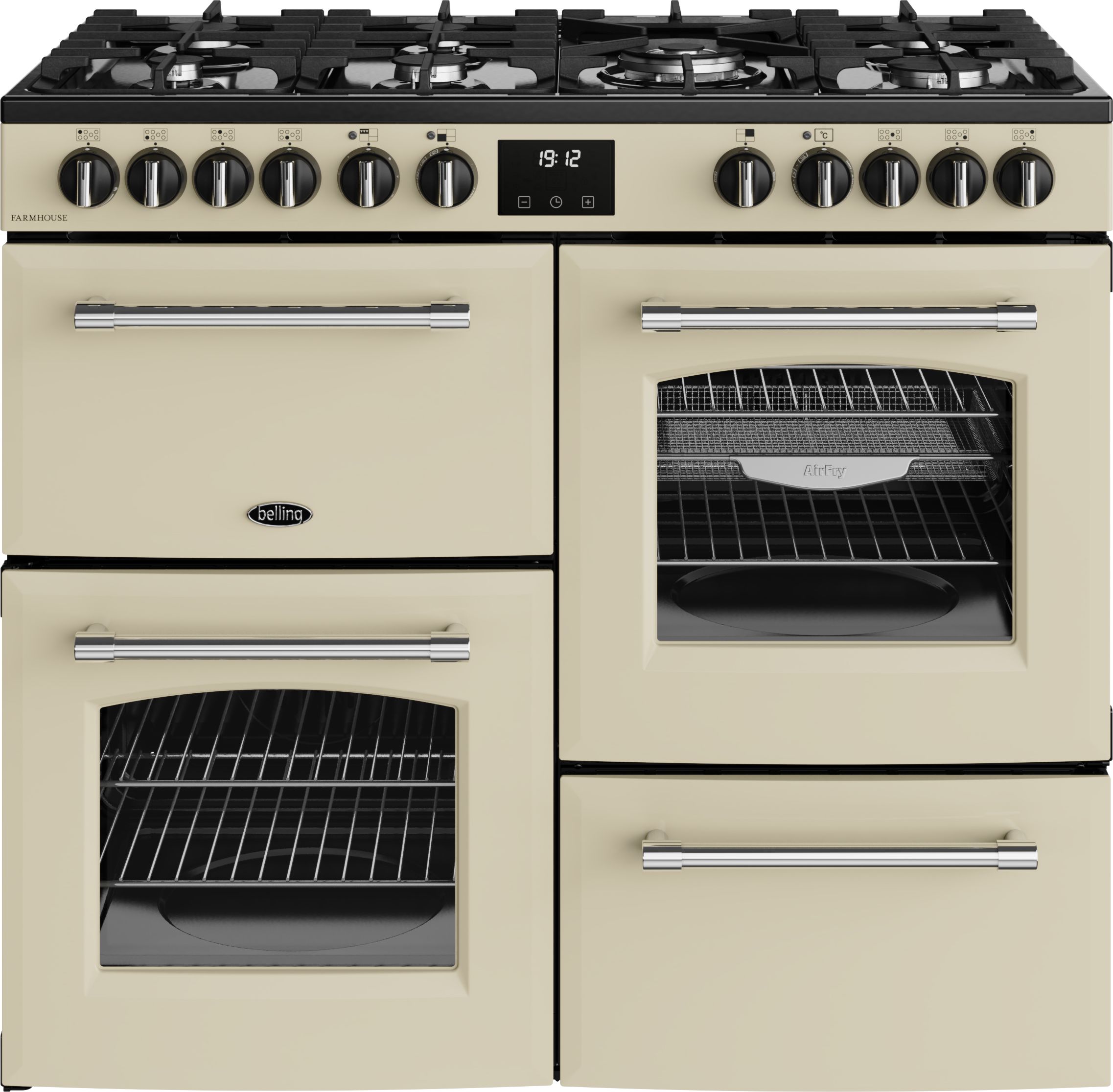 Image of Belling Farmhouse 100DF 100cm wide Dual Fuel Range Cooker with Gas Hob - Cream - A Rated, Cream