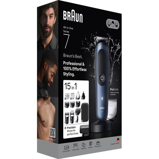 Braun All-in-One Series 7, 15in1 Hair Clipper - Black / Blue - Right box perspective shot 