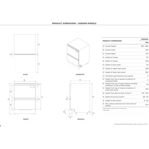 Fisher & Paykel Series 7 Double DishDrawer™ Fully Integrated Standard Dishwasher - Black - Dimensions
