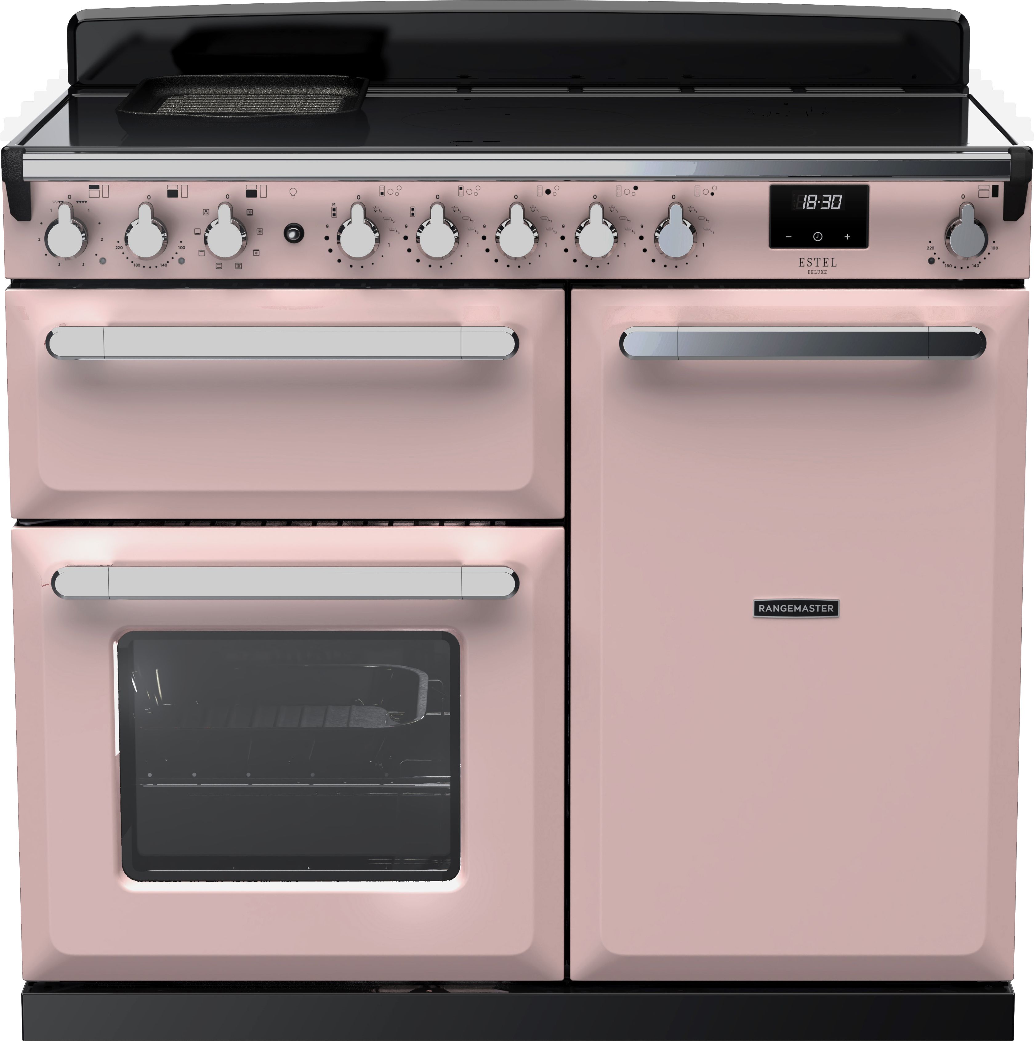 Rangemaster 100cm Electric Range Cooker - 5 Zone Induction Hob - 3 Ovens - Pale Pink/Chrome