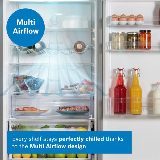 Bosch Series 4 60/40 Frost Free Fridge Freezer - Stainless Steel Effect  - Annotation - Multi airflow shot