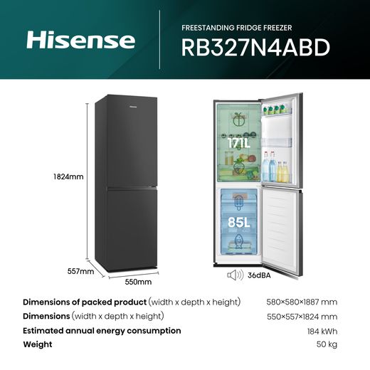 Hisense RB327N4ABD 182cm High No Frost Fridge Freezer - Black / Stainless Steel - Annotation - Dimension shot 