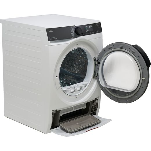 AEG 8000 AbsoluteCare® TR848A4B2 8Kg Heat Pump Tumble Dryer - Black - Right perpsective with door open shot