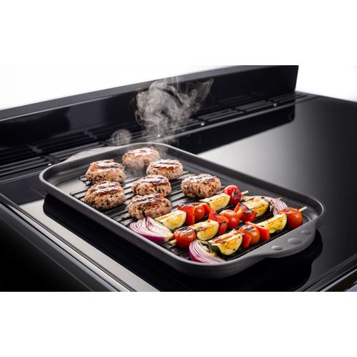 Rangemaster Classic Deluxe OC CLDLO110EIPGBL/CM1 110cm Electric Range Cooker with Induction Hob - Black / Chrome - Food cooking on grill shot