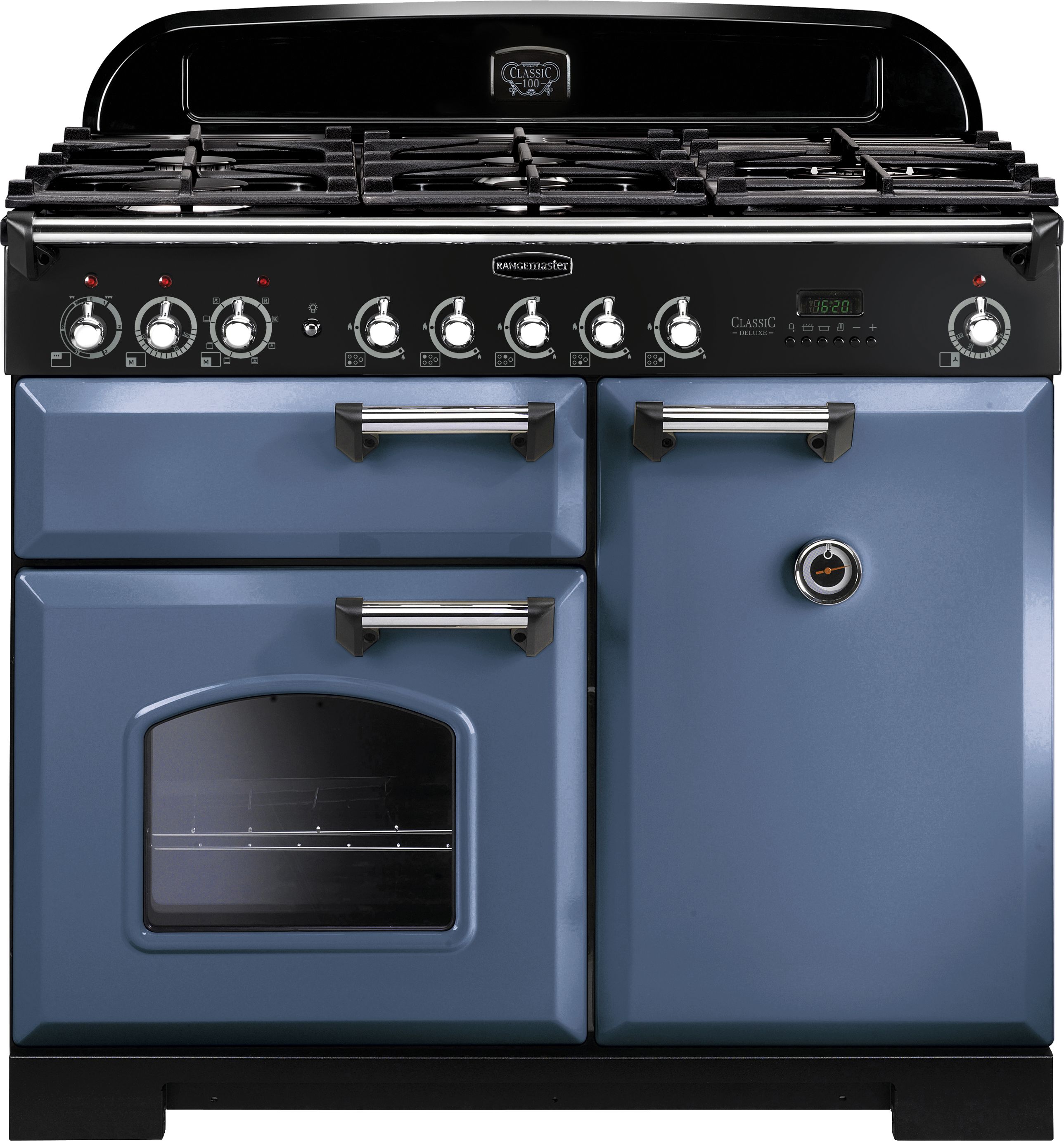 Rangemaster Classic Deluxe CDL100DFFSBC 100cm Dual Fuel Range Cooker - Stone Blue  Chrome - AA Rated Blue