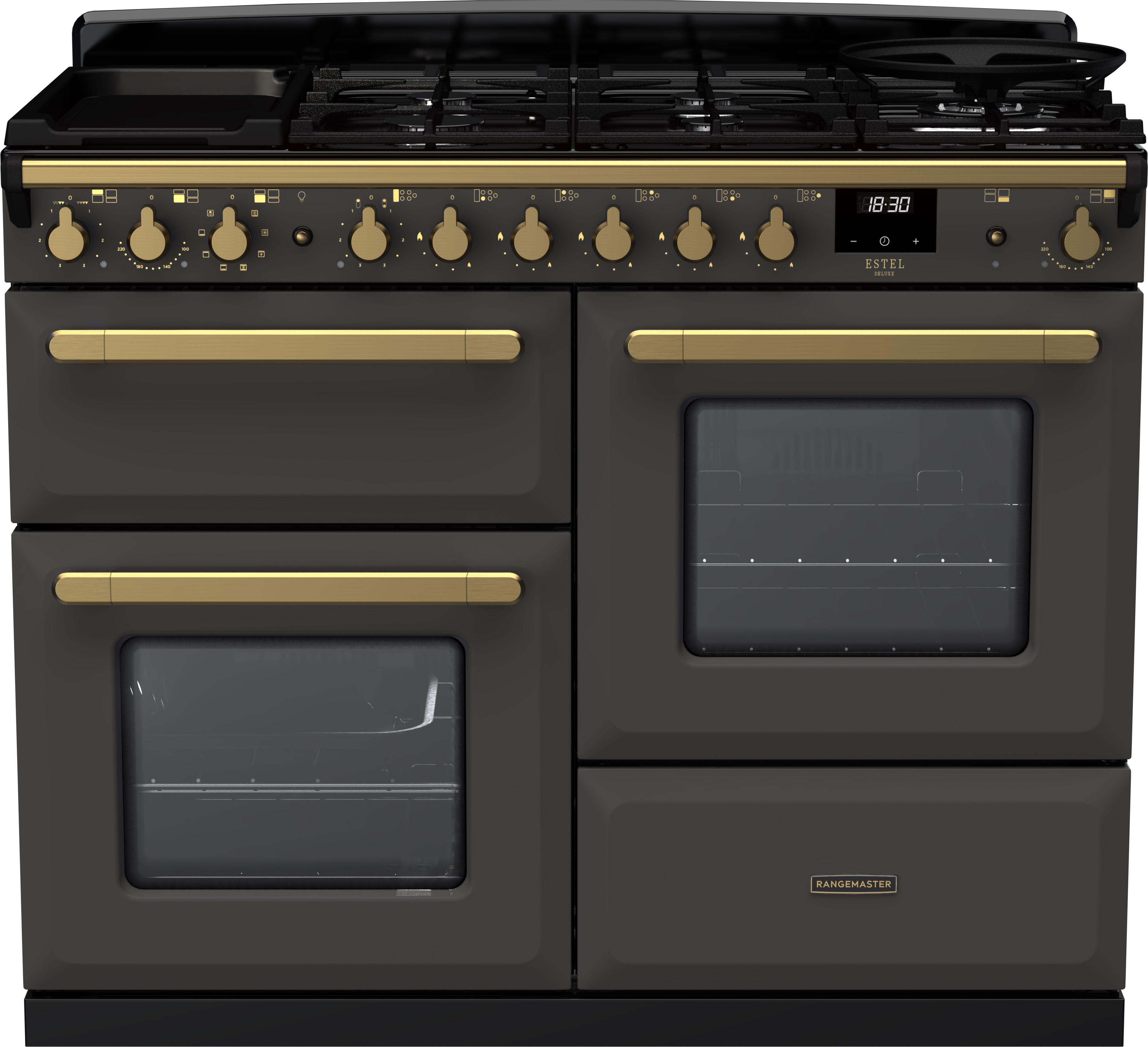 Image of Rangemaster Estel Deluxe ESDLO110DFPSLT/AB1 110cm wide Dual Fuel Range Cooker with Gas Hob - Slate / Antique Brass - A/A Rated, Grey
