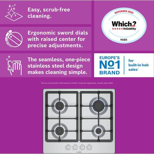 Bosch Series 4 PGP6B5K90 58cm Gas Hob - Stainless Steel - Annotation - feature shot