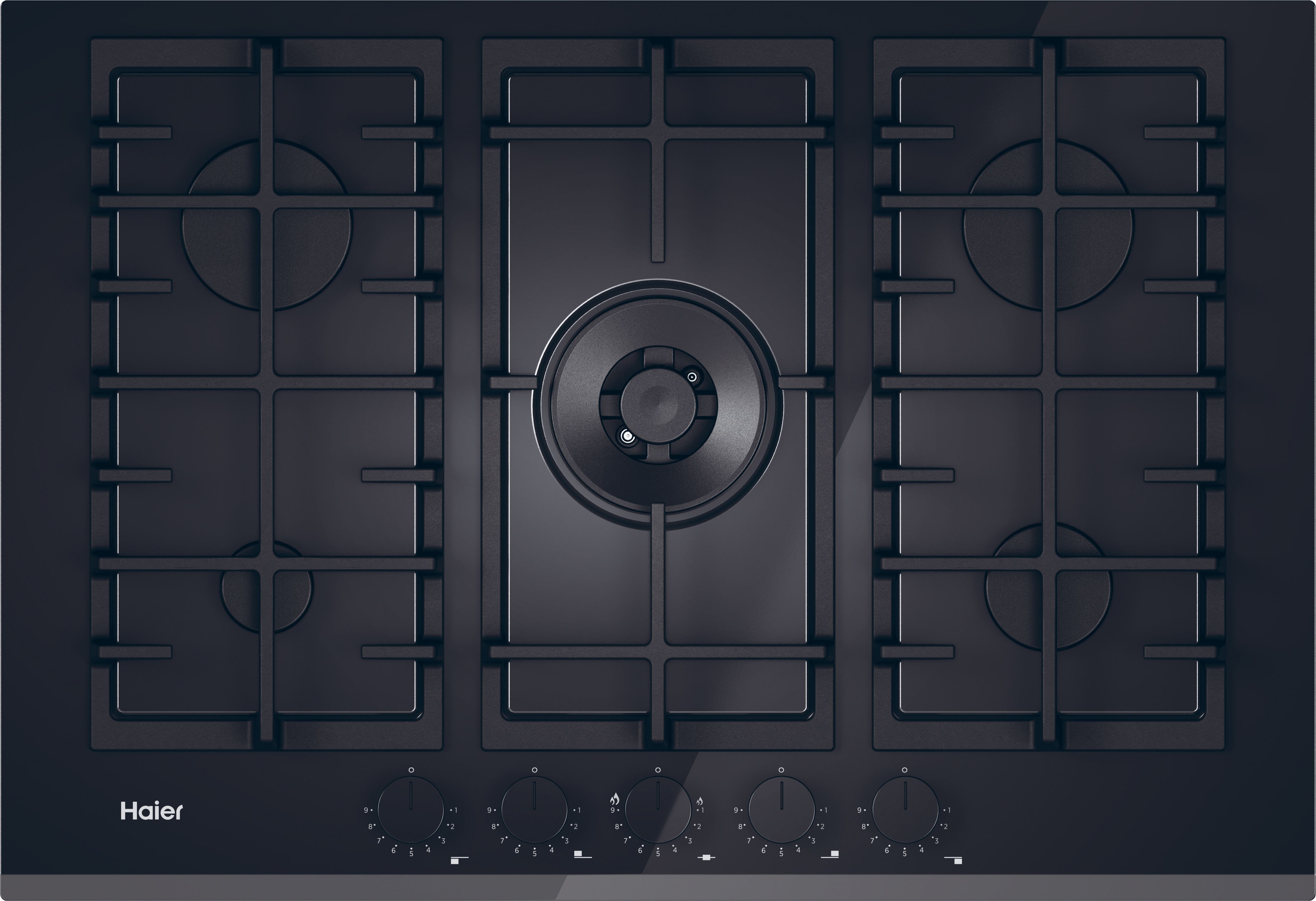 Haier 75cm Gas Hob - Black - Cast Iron Pan Supports - Gas on Glass
