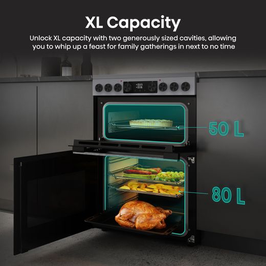 Hisense Hi6 Max HDCEC6C20X 60cm Wide Double Oven Electric Cooker with Ceramic Hob - Stainless Steel - Annotation - XL capacity