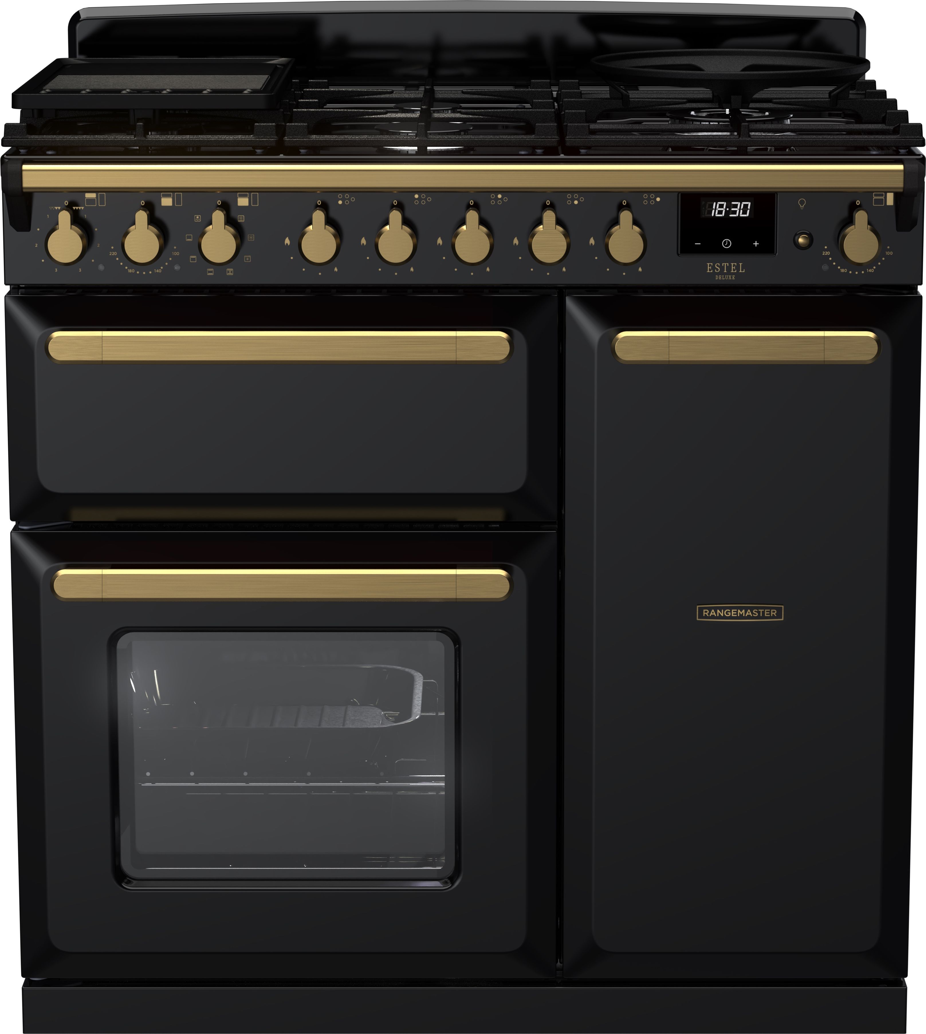 Image of Rangemaster Estel Deluxe ESDL90DFPGBL/AB1 90cm wide Dual Fuel Range Cooker with Gas Hob - Black / Antique Brass - A/A Rated, Black