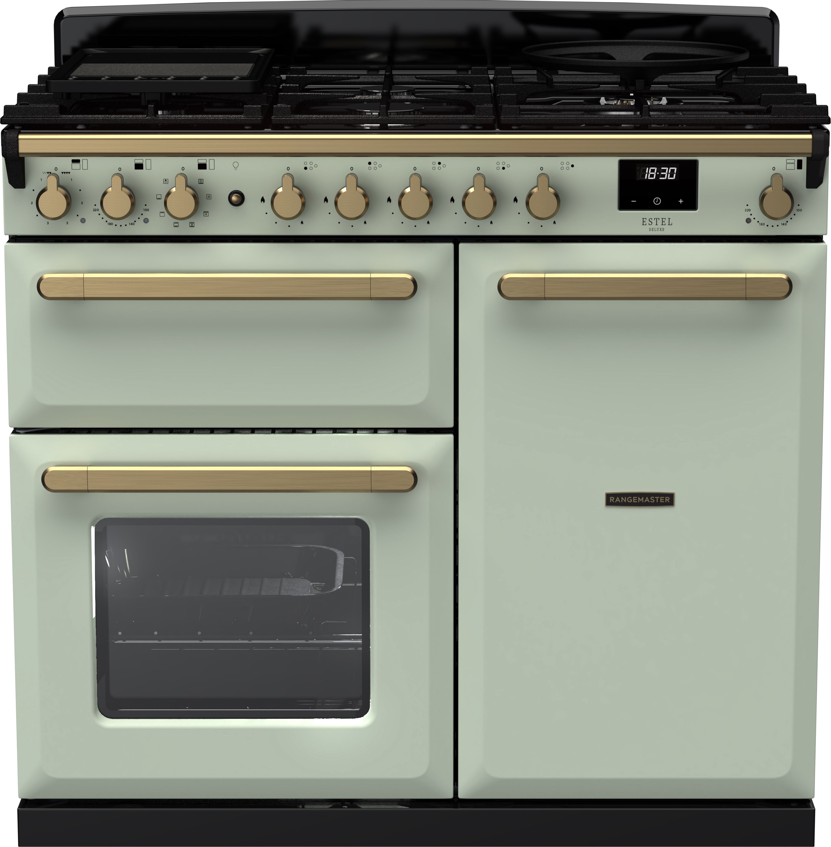 Image of Rangemaster Estel Deluxe ESDL100DFPMNT/AB1 100cm wide Dual Fuel Range Cooker with Gas Hob - Mint / Antique Brass - A/A Rated, Green