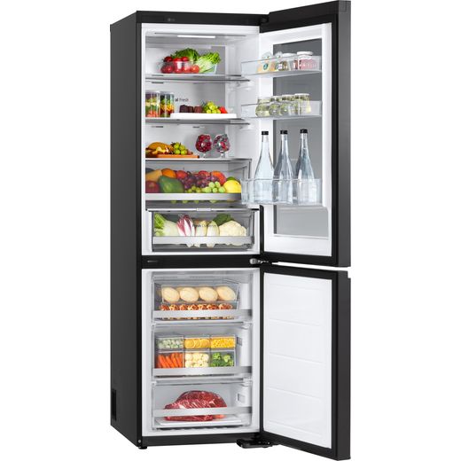 LG InstaView™ ThinQ™ 60/40 Total No Frost Fridge Freezer - Black Steel - Right perspective with door open shot