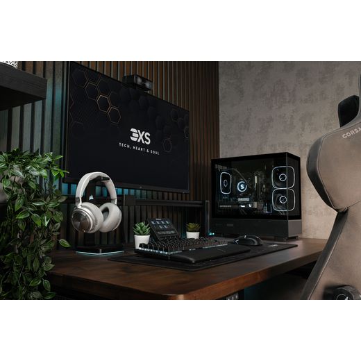 3XS Systems Gaming PC - NVIDIA® GeForce RTX™ 5070, AMD Ryzen™ 7, 1TB SSD, 16 GB RAM - Black - computer in office shot