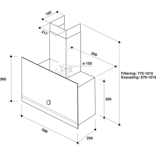 Hotpoint PHVP62FLMK Chimney Cooker Hood - Black - Annotation - Dimensions shot