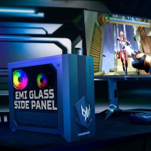 Acer Predator PO3-665 Gaming PC - NVIDIA® GeForce RTX™ 5070, Intel® Core™ i5, 512GB SSD - Black - Annotation - Side panel shot