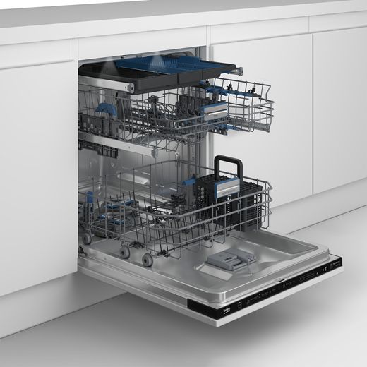 Beko Integrated Standard Dishwasher - Black - Door open racks out in kitchen