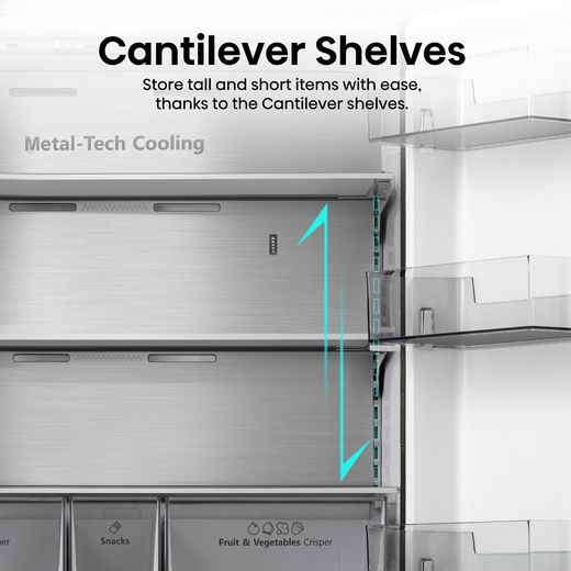 Hisense PureFlat American Fridge Freezer - Black / Stainless Steel - Annotation - Cantilever shelves shot
