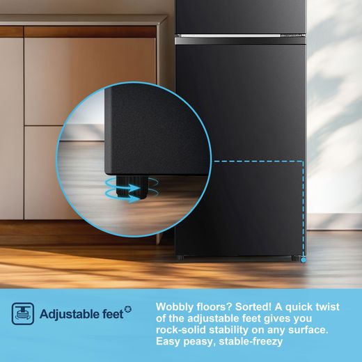 Fridgemaster MTM48120EB 117cm 80/20 Small Fridge Freezer - Black - Annotation - Adjustable feet shot