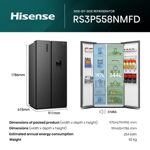 Hisense PureFlat American American Fridge Freezer - Black Stainless Steel - Dimensions