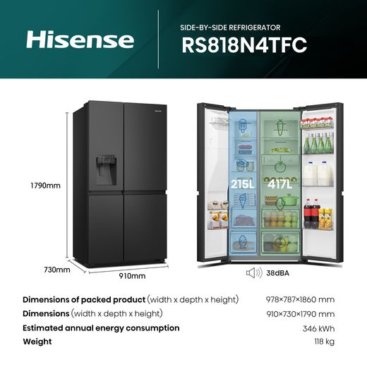 Hisense American Fridge Freezer - Black Stainless Steel - Dimensions