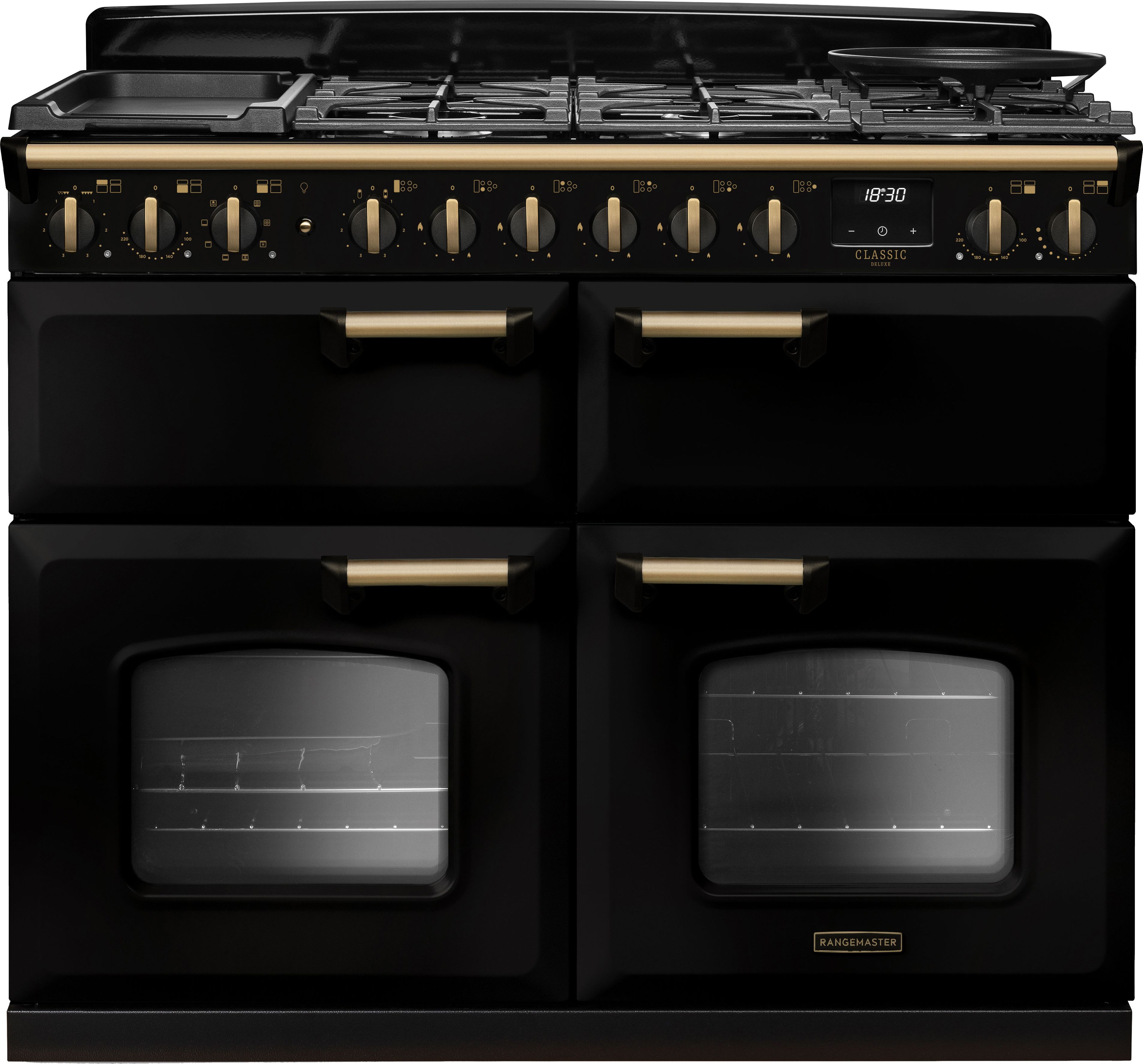 Image of Rangemaster Classic Deluxe 110 CLDLB110DFPGBL/AB1 110cm wide Dual Fuel Range Cooker with Gas Hob - Black / Antique Brass - A/A/A Rated, Black