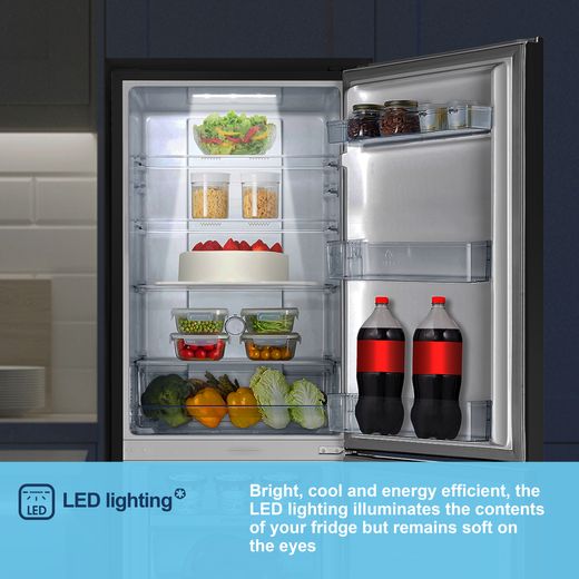 Fridgemaster MC55251DB 182cm 50/50 Frost Free Fridge Freezer - Black - Annotation - LED lighting shot