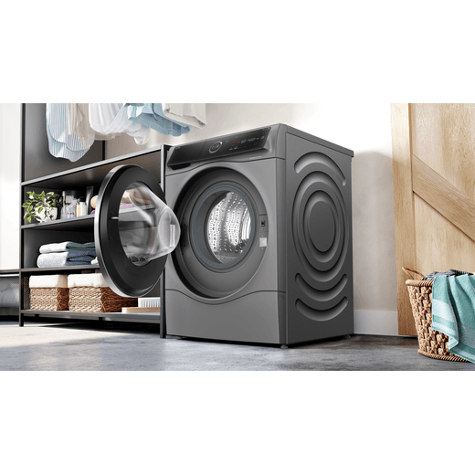 Bosch Series 8 i-Dos WNC254ARGB Wifi Connected 10.5Kg / 6Kg Washer Dryer with 1400 rpm - Graphite - lifestyle - machine in utility room left perspective