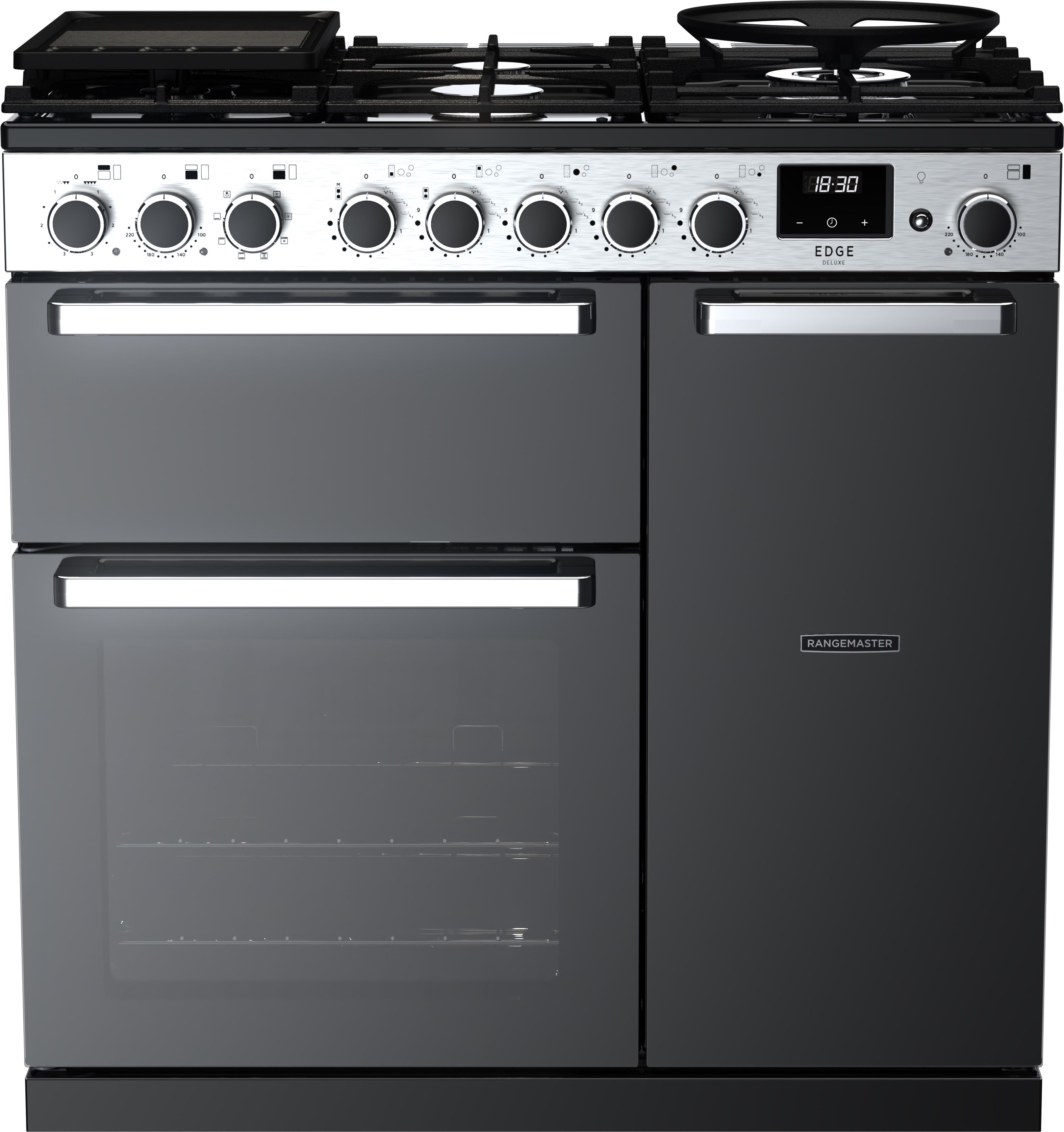 Image of Rangemaster Edge Deluxe EDDL90DFGBLK/CM1 90cm wide Dual Fuel Range Cooker with Gas Hob - Black Glass / Chrome - A/A Rated, Black