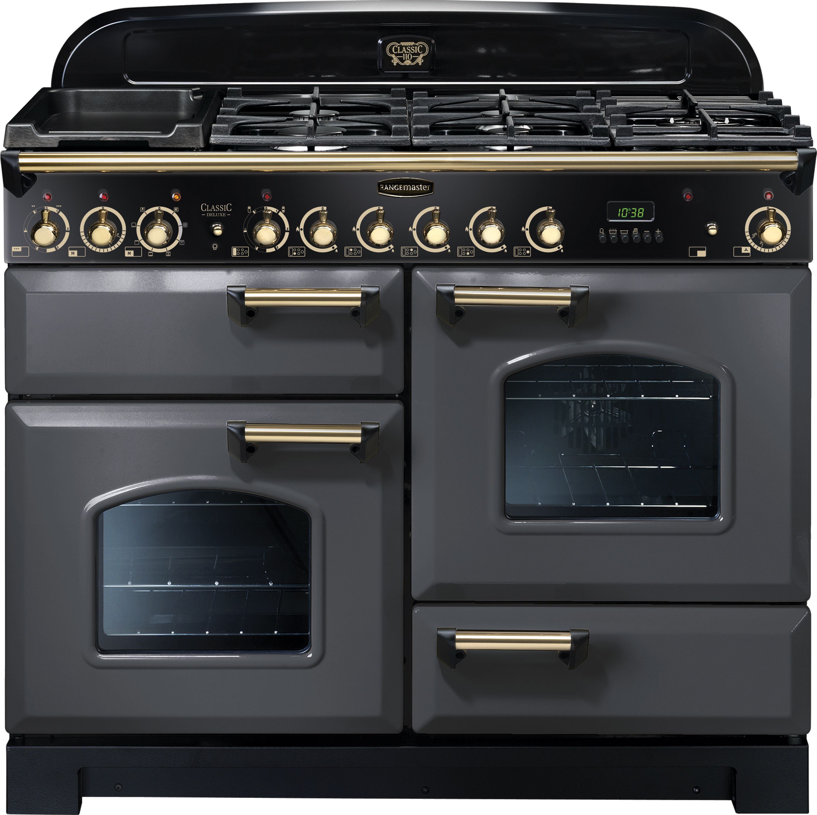 Rangemaster Classic Deluxe CDL110DFFSL/B 110cm Dual Fuel Range Cooker - Slate Grey / Brass - A/A Rated, Grey