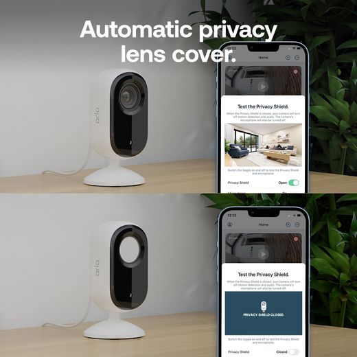 Arlo Essential 3 2K Indoor Smart Home Security Camera - White - annotation - auto privacy shot