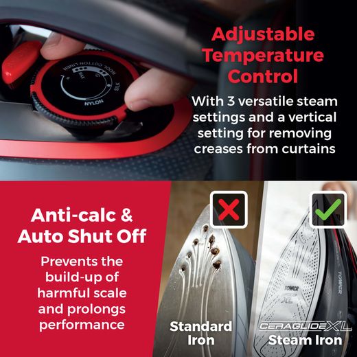 Tower CeraGlide XL Cordless T22035RED 3100 Watt Iron -Black / Red - Annotation - Temp control