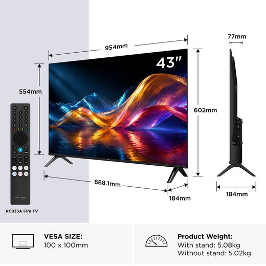 TCL 43" Full HD Smart Fire TV [2026] - dimensions 