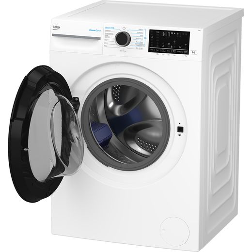Beko BM5WT6843TW 8kg WiFi Connected Washing Machine with 1400 rpm - White - left perpsective with door open shot 