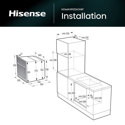 Hisense Built In Electric Single Oven - Black  - Annotation - Dimension shot