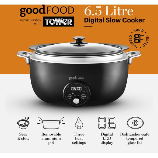 Tower GF16011 Slow Cooker Stainless Steel / Black - Annotation - features shot