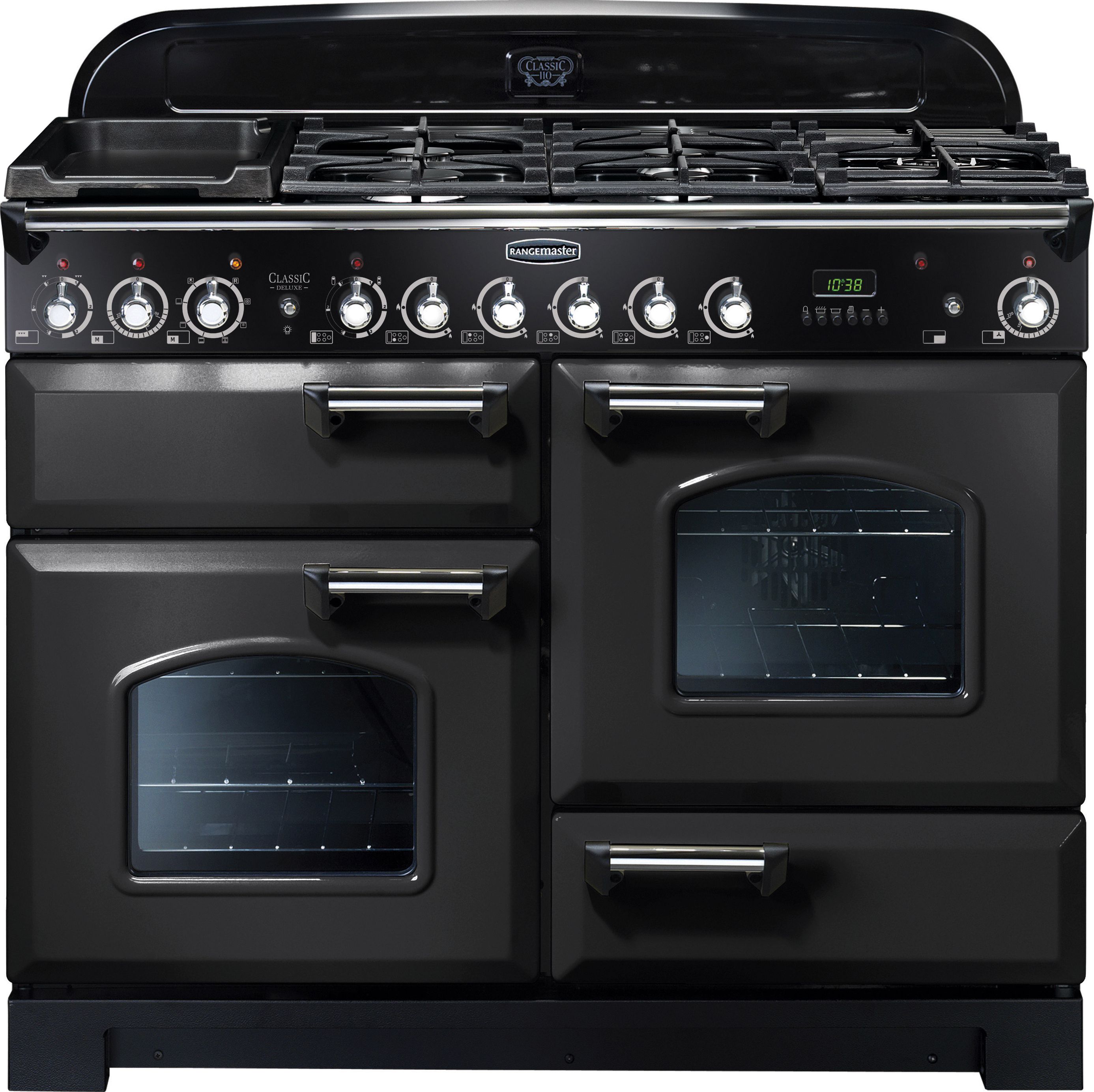 Rangemaster Classic Deluxe CDL110DFFCB/C 110cm Dual Fuel Range Cooker - Charcoal Black / Chrome - A/A Rated, Black