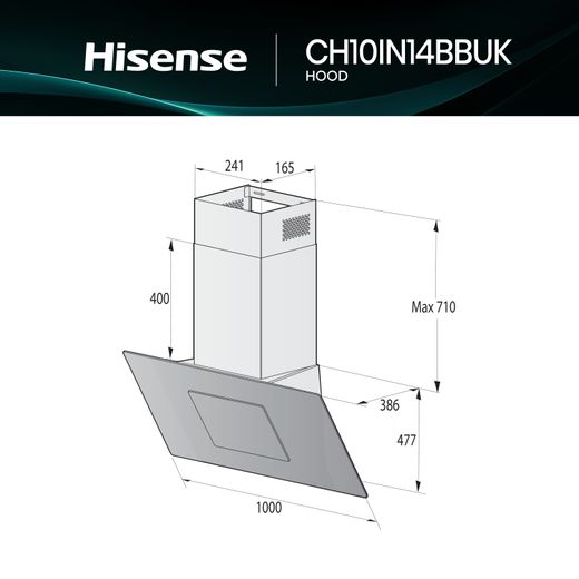 Hisense CH10IN14BBUK 100cm Angled Chimney Cooker Hood - Jet Black - Dimensions