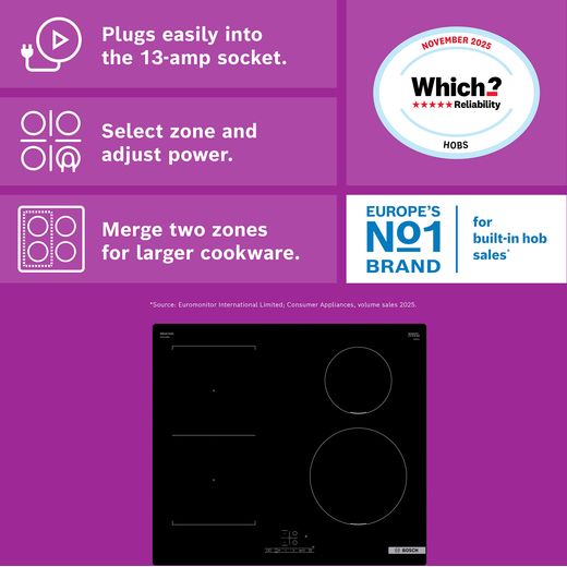 Bosch Series 4 PWP611BB5B 59cm Induction Hob - Black - annotation - feature shot