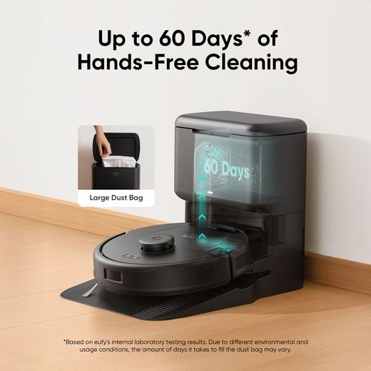 Eufy L60 Hybrid with Self Empty Station Robotic Vacuum Cleaner - Black - Annotation - hands free cleaning shot