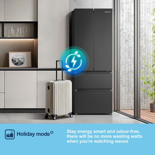Fridgemaster American Fridge Freezer - Black - Annotation - Holiday mode shot