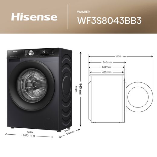 Hisense 3S Series WF3S8043BB3 Washing Machine with 1400 rpm - Black - Dimensions