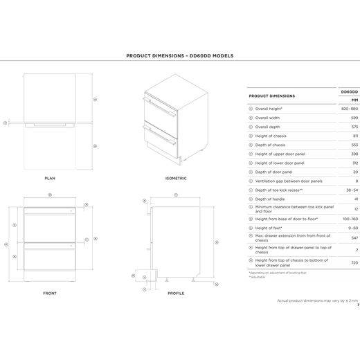 Fisher & Paykel Double DishDrawer™ Fully Integrated Standard Dishwasher - Black Steel - Dimensions