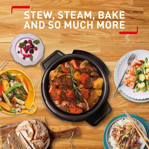 Tefal Turbo Cuisine Electric Pressure Cooker, 10 Programmes inc. stew,  steam, bake, slow cooker, Rice cooker, 4.8L, 1000 W, Plastic, Black,  CY754840 - The Batch Lady