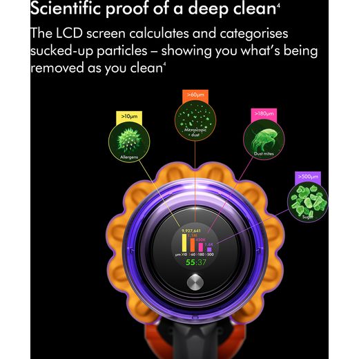 Dyson Cordless Vacuum Cleaner with up to 60 Minutes Run Time - Brushed iron / Yellow - Annotation - LCD screen