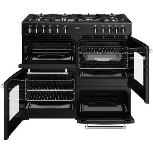 Belling FARMHOUSE 100DF Dual Fuel Range Cooker - Black / Antique Brass - Doors open