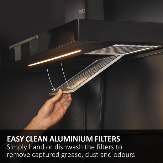 Haier I-Link HADG9CBS4BWIFI Wifi Connected 90cm Angled Chimney Cooker Hood - Black - Annotation - Easy clean filter shot